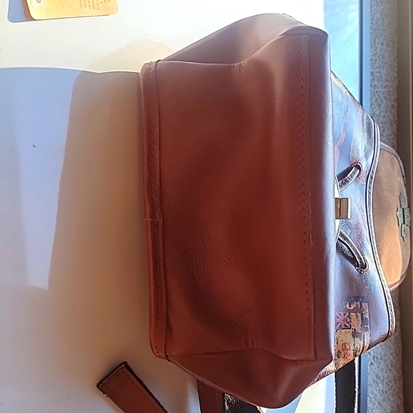 Patricia Nash Leather Saracena Flap Vintage Travel Sticker Drawstring Backpack - Picture 6 of 7